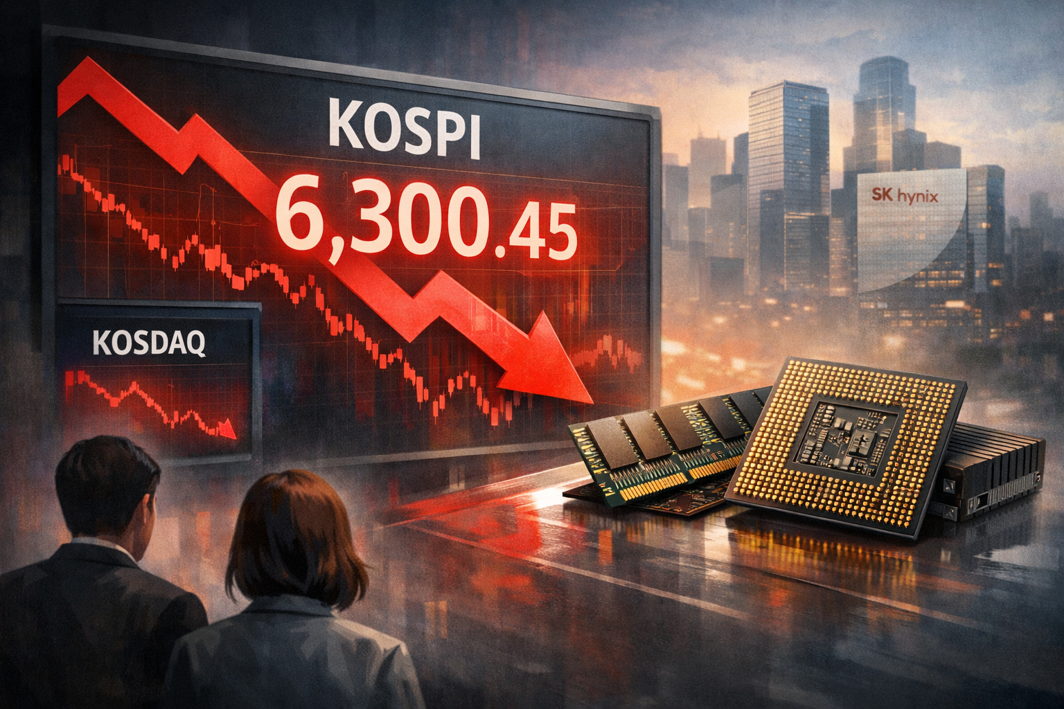코스피 6300선으로 급락…삼성전자·SK하이닉스도 동반 하락 관련 AI 보도 일러스트