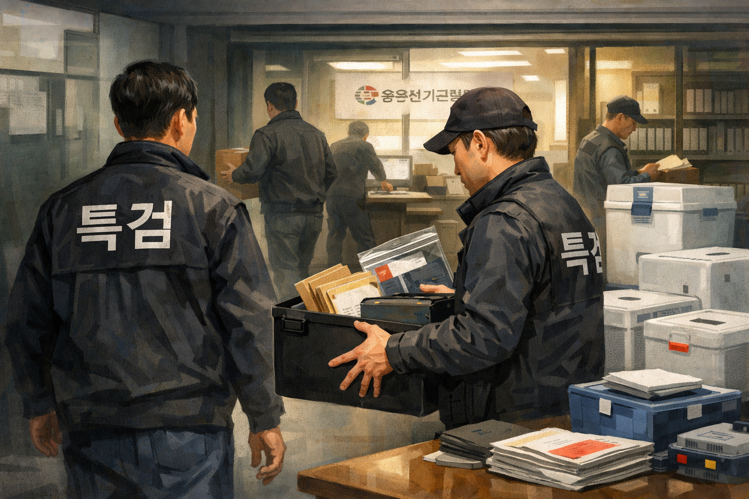 선관위 특검, 중앙선관위와 관련 업체 등 5곳 압수수색 관련 AI 보도 일러스트