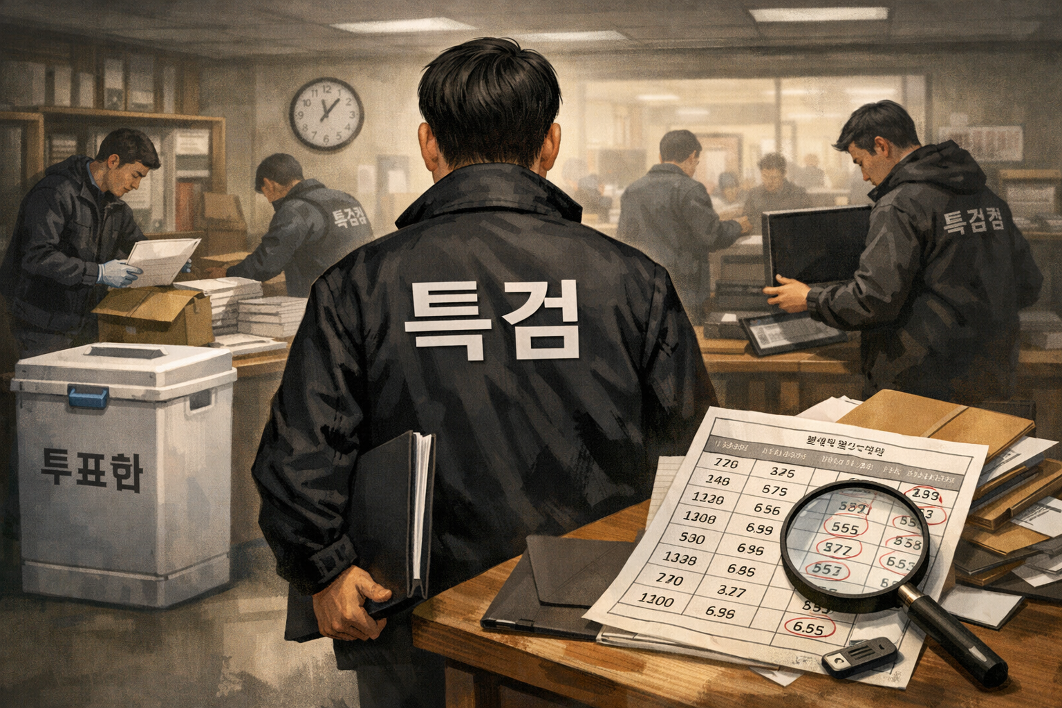 선관위 특검, 전국 30개 시군구 투표자 수 허위 입력 확인…7곳 압수수색 관련 AI 보도 일러스트