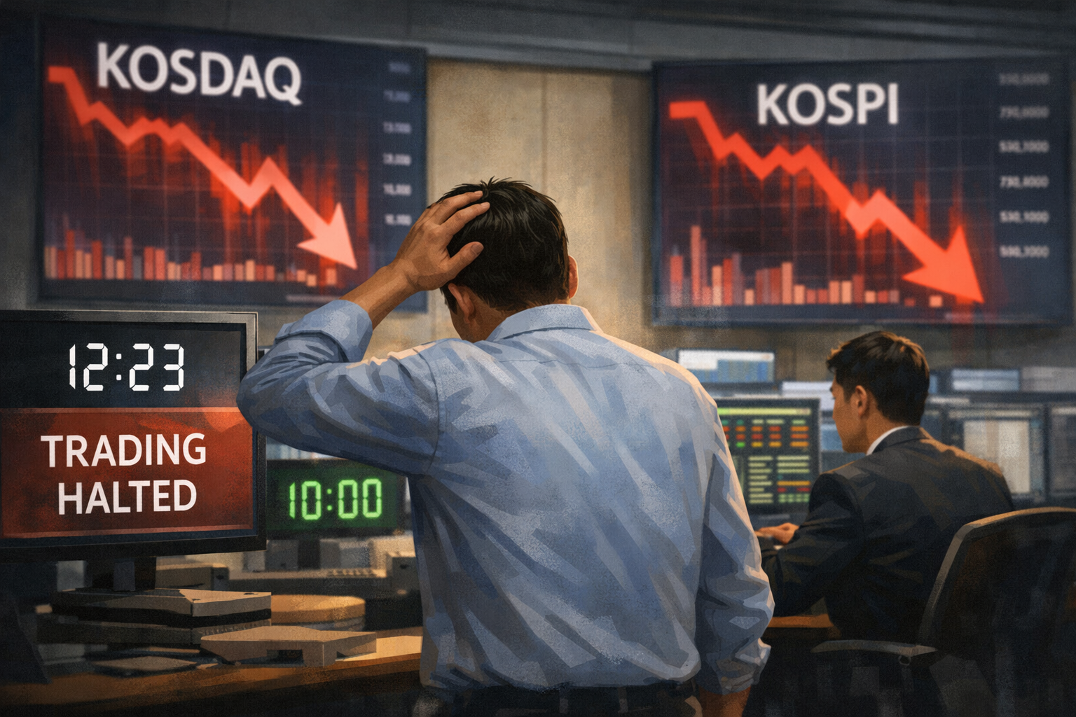 코스피·코스닥 8%대 급락에 동시 서킷브레이커…거래 재개 관련 AI 보도 일러스트