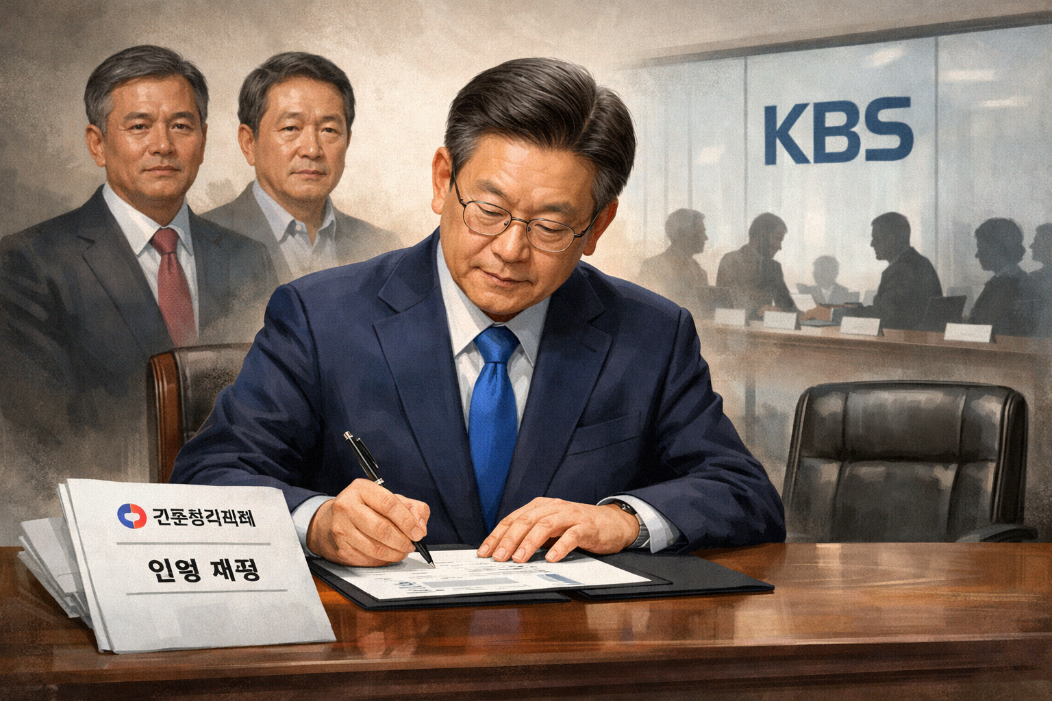 이재명 대통령, 국민의힘 추천 KBS 이사 2명 임명안 재가…방송 이사회 구도 주목 관련 AI 보도 일러스트