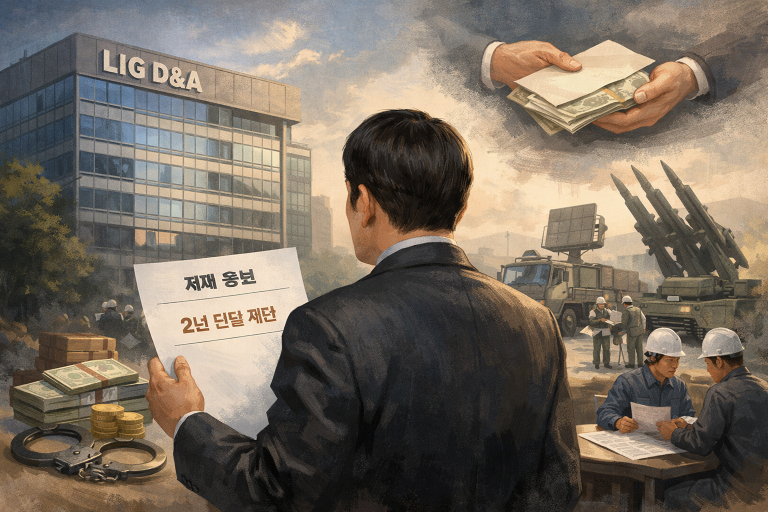 방사청, LIG D&A 입찰참가자격 2년 제한…방산사업 참여에 어떤 영향 관련 AI 보도 일러스트