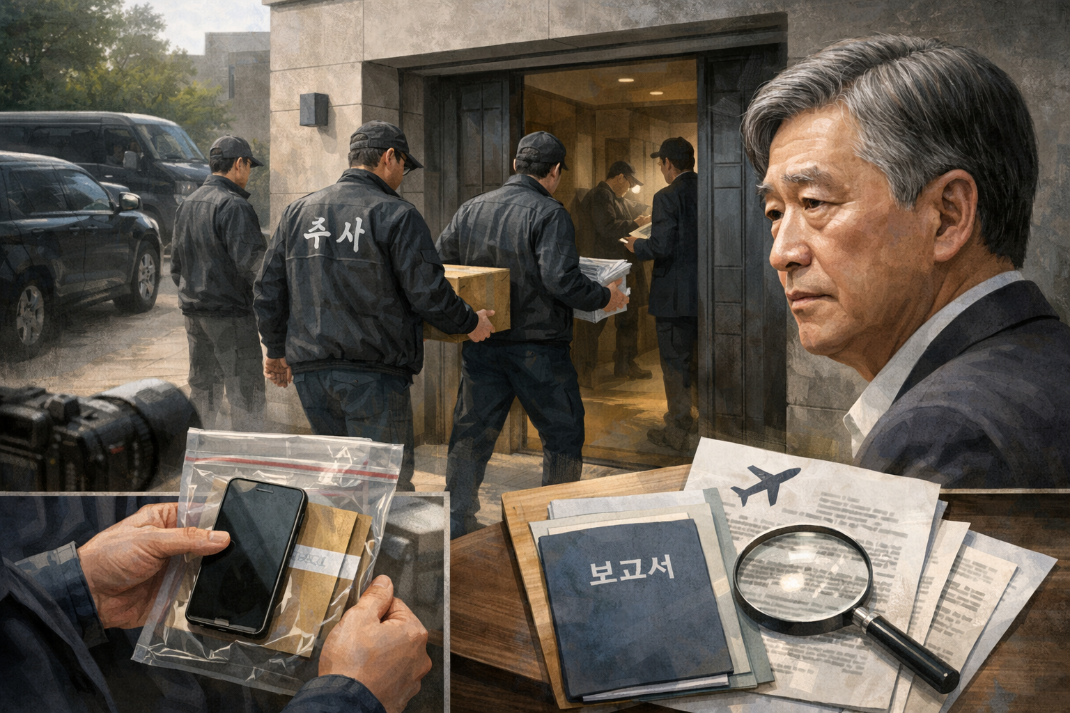 선관위 특검, 노태악 전 위원장 자택 압수수색…출장보고서 의혹 수사 관련 AI 보도 일러스트