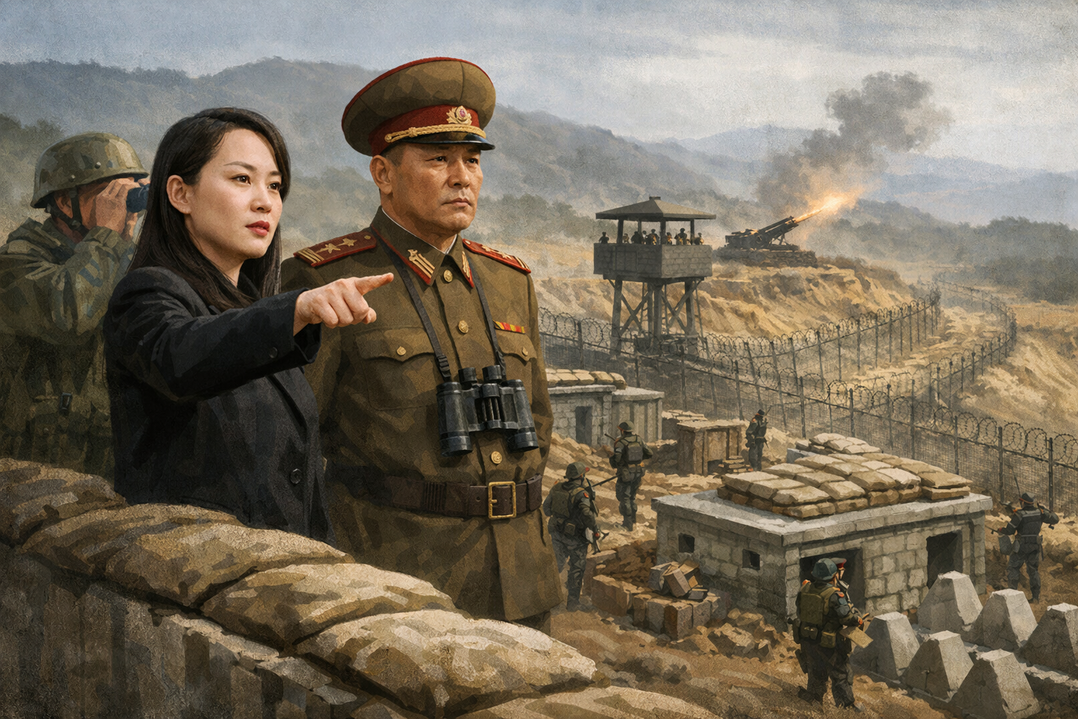 북한 김여정·박정천, 남부국경 요새화 현지시찰…도발 시 즉시 반격 강조 관련 AI 보도 일러스트